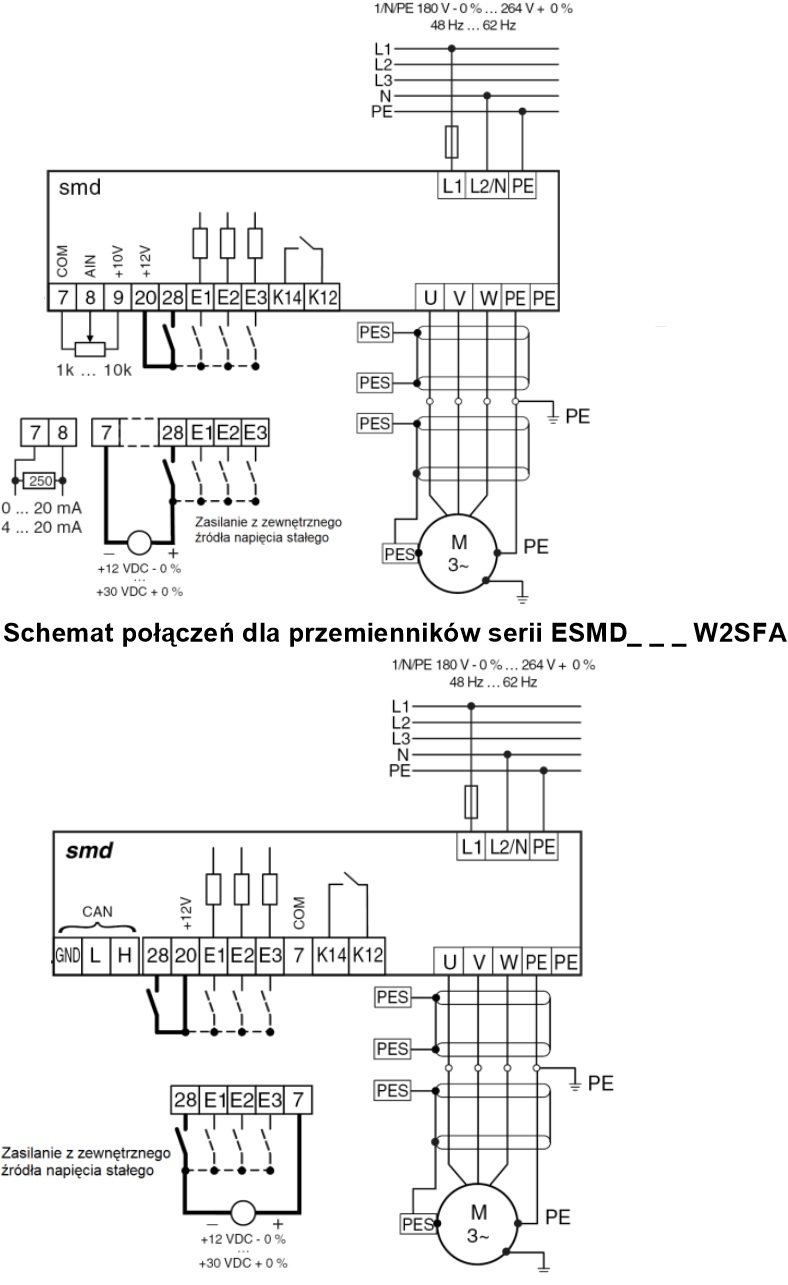 schemat LENZE ESMD551X2SFA 0,55 kW 230V z filtrem